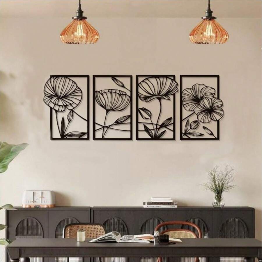 4 件套莲花金属墙饰，抽象花卉美学拼贴线条艺术，极简主义挂壁雕塑，家居客厅办公室装饰