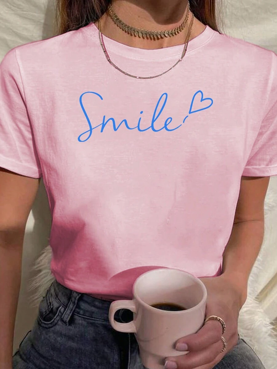 Women's Baby Look T-Shirt 100% Cotton Phrases Smile Smile Blue Heart - 淺粉色 - 查看 1