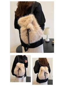 1 件优雅毛绒时尚旅行背包，大容量可爱背包，迷你可爱毛绒背包，时尚毛绒旅行背包，适合女孩和女士的可爱校园背包，完美的生日礼物 - 杏色 - 查看 11