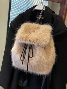 1 件优雅毛绒时尚旅行背包，大容量可爱背包，迷你可爱毛绒背包，时尚毛绒旅行背包，适合女孩和女士的可爱校园背包，完美的生日礼物 - 杏色 - 查看 9