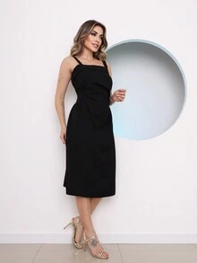 Women's Long Dress With Straps And Back With Zipper In Luis Twill Fabric - 黑色 - 查看 3
