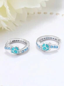 Silver Color Fashion Earrings, Cute Blue Sea Turtle Design Cubic Zirconia Earrings, Suitable For Daily Wear, Birthday Gift
