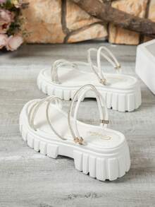 女士时尚厚底凉鞋圆头钻石带纯色一脚蹬凉鞋 - 白色 - 查看 5