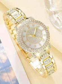 1 套女士时尚奢华手表套装，配有手镯、石英表和 5 件水钻配件 - 金色 - 查看 5