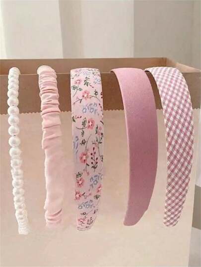 5pcs/Set Women's Spring Pink Floral Plaid Pearl Combination Fairy-Like Sweet Wide-Brimmed Headband, Versatile Outdoor Girl Style Hair Accessories, Valentine's Day Gift For Girlfriend, Pink Hair Accessories Hairband Head Accessories
