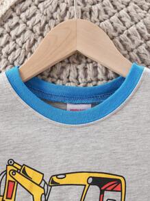 Young Boy 2pcs/Set Heart & "Love Mom" Print Crew Neck Long Sleeve Pajama Set - Grey - View 3