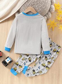 Young Boy 2pcs/Set Heart & "Love Mom" Print Crew Neck Long Sleeve Pajama Set - Grey - View 2