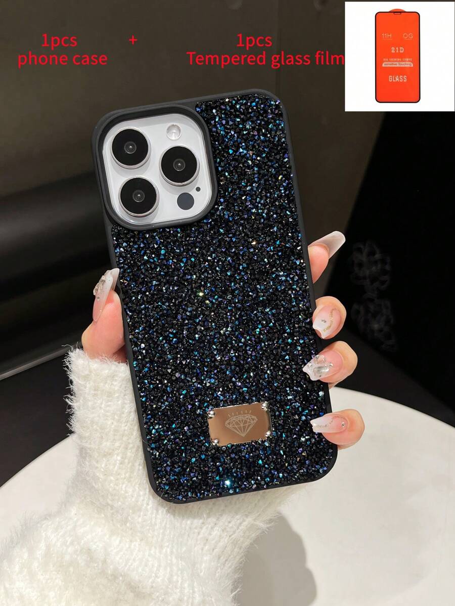 1 件水钻闪亮防震二合一手机壳，带钢化玻璃屏幕保护膜，适用于 15 Pro Max/S24 超防水防摔防刮