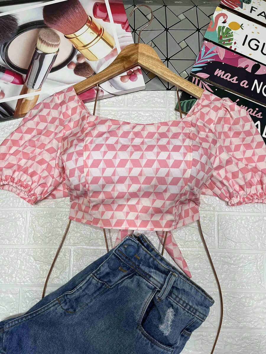 Cropped Blouses With Padded Top, Multicolored Print, Princess Sleeve, Grandma Fashions - 粉色 - 查看 1