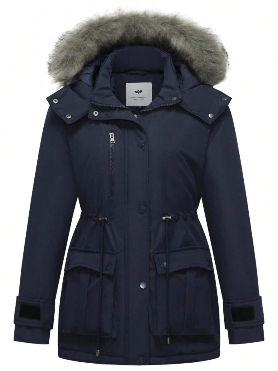 Parka femme à capuche détachable avec col de fourrure, nouvelle mode hiver, épaisse et chaude - Bleu marine - Voir 1