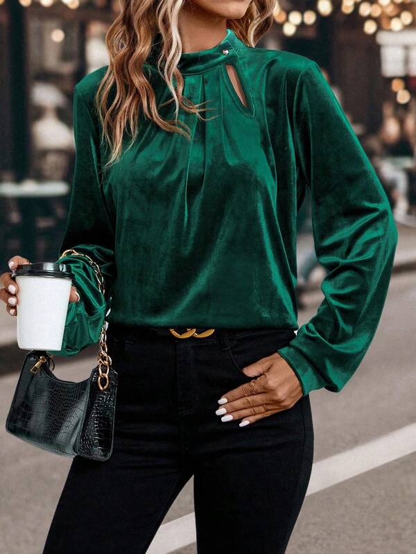 Damen Einfarbiges Plissee-Langarmhemd, elegant und lässig für den Arbeitsweg, Herbst/Winter