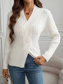 Jersey de punto ajustado con escote en V y nudo delantero, suéter elegante de manga larga para mujer, otoño e invierno