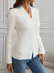 Jersey de punto ajustado con escote en V y nudo delantero, suéter elegante de manga larga para mujer, otoño e invierno