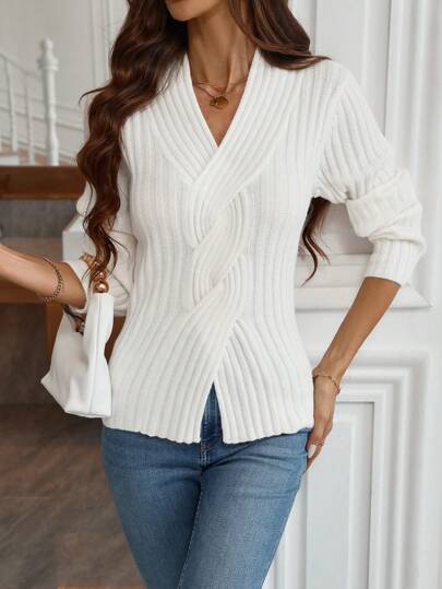 Jersey de punto ajustado con escote en V y nudo delantero, suéter elegante de manga larga para mujer, otoño e invierno