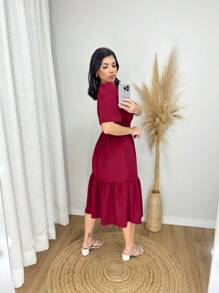 Women's Plain Midi Dress With Elastex On The Back - 紅木色 - 查看 2