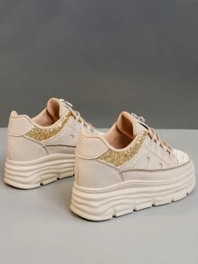 High-Top White Sneakers For Women, 2025 New Arrivals, Chunky Sole Platform Casual Chunky Sneakers, Leather Comfortable Running Sport Shoes For Fall - Khaki - View 4