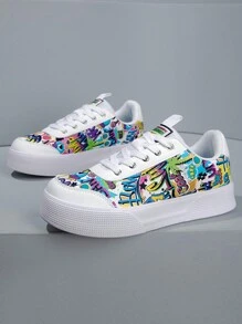 Men's Fashionable Streetwear Low-Top Skateboard Shoes, Colorful Mix-And-Match Collegiate Style, Thick Sole Sneakers, Random Graffiti Print, Comfortable Anti-Slip Lace-Up Casual Trainers, Suitable For Outdoor, Streetwear, Campus, Walking, Jogging, Travel - Multicolor - View 8