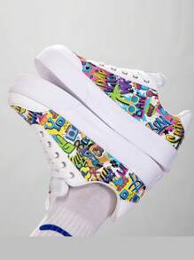Men's Fashionable Streetwear Low-Top Skateboard Shoes, Colorful Mix-And-Match Collegiate Style, Thick Sole Sneakers, Random Graffiti Print, Comfortable Anti-Slip Lace-Up Casual Trainers, Suitable For Outdoor, Streetwear, Campus, Walking, Jogging, Travel - Multicolor - View 7