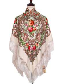 Women's Oversized Printed Traditional Scarf, Multicolor Rose Blossom With Tassels For Various Use Boho - Multicolor - View 42