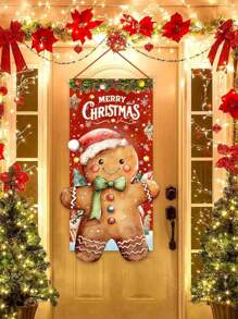 96*49cm-Christmas Theme Hanging Flag, Vintage Rustic Style Gingerbread Man Decor, 49x96cm, Suitable For Christmas Holiday Door Frame, Garden, Living Room Decoration, Polyester Material(Note: This Product Does Not Come With Sticks And Ropes)38*20inch