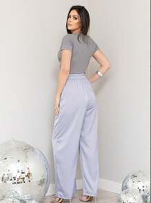 KALINA FASHION Calças femininas casuais de pernas largas e soltas com enfeites de strass - Cinza Claro - Visão 2