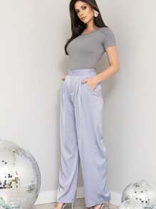 KALINA FASHION Calças femininas casuais de pernas largas e soltas com enfeites de strass - Cinza Claro - Visão 4