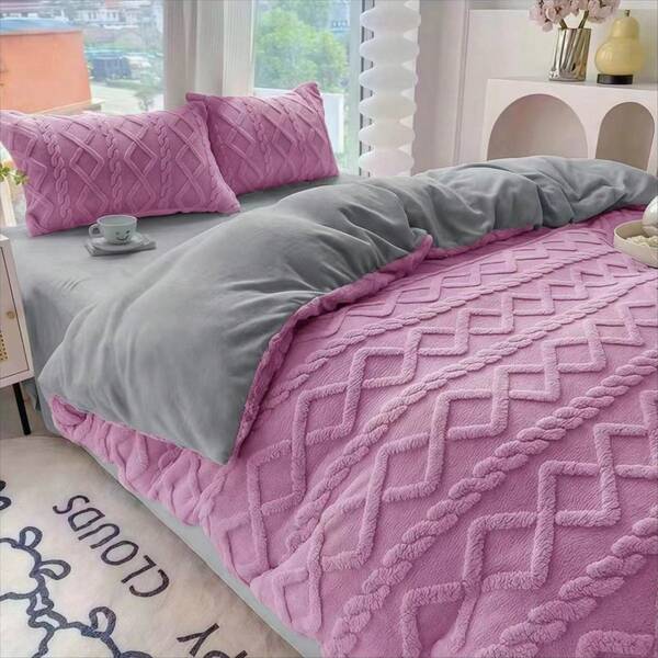 Conjunto de cama de inverno de 4 peças, capa de edredom grossa de lã coral e lençóis com padrão geométrico, para quarto