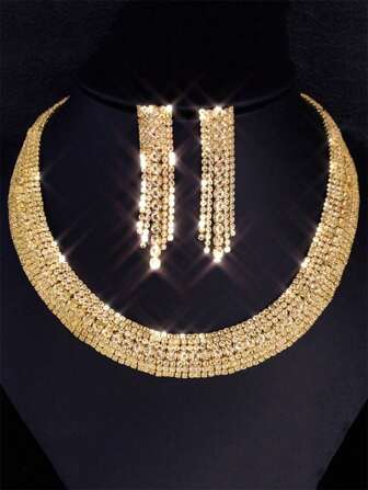1 Set Elegant Jewelry Set: 1 Pair Earrings + 1 Necklace, Sparkling Long Tassel Design With Rhinestones, Luxury Jewelry For Evening Party