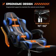 Sweetcrispy Video Game Desk Chair - Ergonomic Computer With Footrest And Comfy Lumbar Support, PU Leather Recliner With Headrest, Fixed Up Armrest, Height Adjustable With 360° Swivel - Blue - View 4