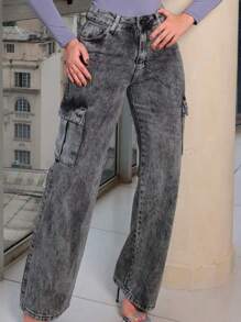 Women's Wide Cargo Black Faded Trousers - 黑色 - 查看 1