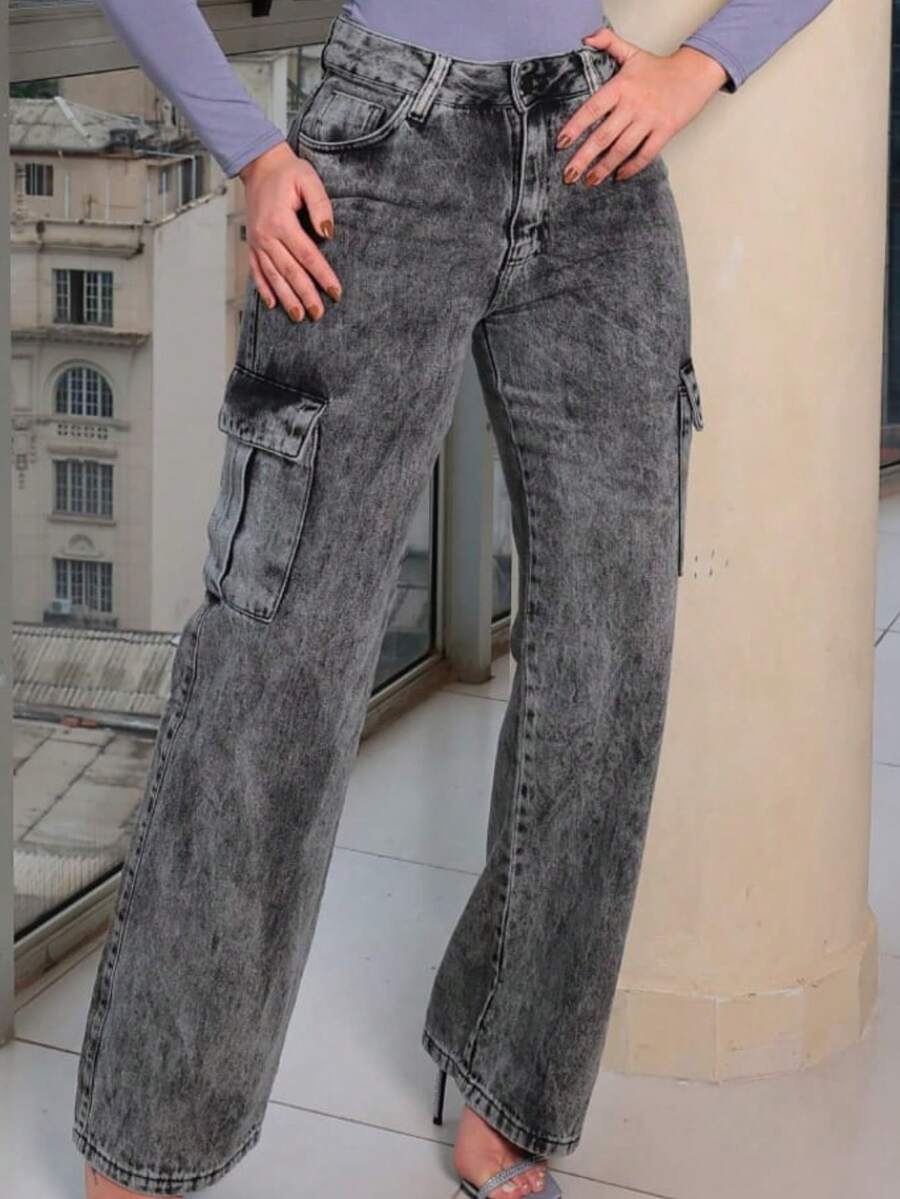 Women's Wide Cargo Black Faded Trousers - 黑色 - 查看 1