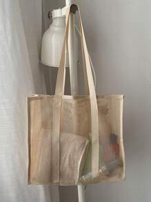 2 pezzi Borsa da spiaggia in stile boho fashion, in colore tinta unita, in materiale poliestere con grande capacità, design a rete su tutto il corpo, trasparente e visibile in tutto, con manici superiori a due mani. Adatta per viaggiare, campeggiare e contenere articoli. - Cachi - Visualizzare 2