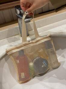 2 pezzi Borsa da spiaggia in stile boho fashion, in colore tinta unita, in materiale poliestere con grande capacità, design a rete su tutto il corpo, trasparente e visibile in tutto, con manici superiori a due mani. Adatta per viaggiare, campeggiare e contenere articoli. - Cachi - Visualizzare 5