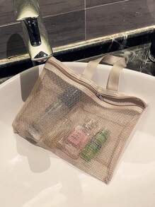 2 pezzi Borsa da spiaggia in stile boho fashion, in colore tinta unita, in materiale poliestere con grande capacità, design a rete su tutto il corpo, trasparente e visibile in tutto, con manici superiori a due mani. Adatta per viaggiare, campeggiare e contenere articoli. - Cachi - Visualizzare 7