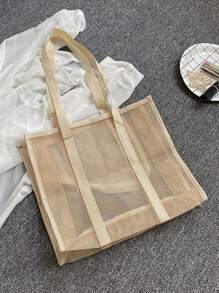 2 pezzi Borsa da spiaggia in stile boho fashion, in colore tinta unita, in materiale poliestere con grande capacità, design a rete su tutto il corpo, trasparente e visibile in tutto, con manici superiori a due mani. Adatta per viaggiare, campeggiare e contenere articoli. - Cachi - Visualizzare 4