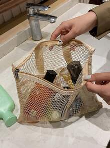 2 pezzi Borsa da spiaggia in stile boho fashion, in colore tinta unita, in materiale poliestere con grande capacità, design a rete su tutto il corpo, trasparente e visibile in tutto, con manici superiori a due mani. Adatta per viaggiare, campeggiare e contenere articoli. - Cachi - Visualizzare 3