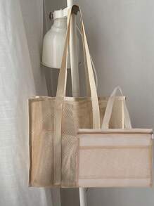 2 pezzi Borsa da spiaggia in stile boho fashion, in colore tinta unita, in materiale poliestere con grande capacità, design a rete su tutto il corpo, trasparente e visibile in tutto, con manici superiori a due mani. Adatta per viaggiare, campeggiare e contenere articoli. - Cachi - Visualizzare 1