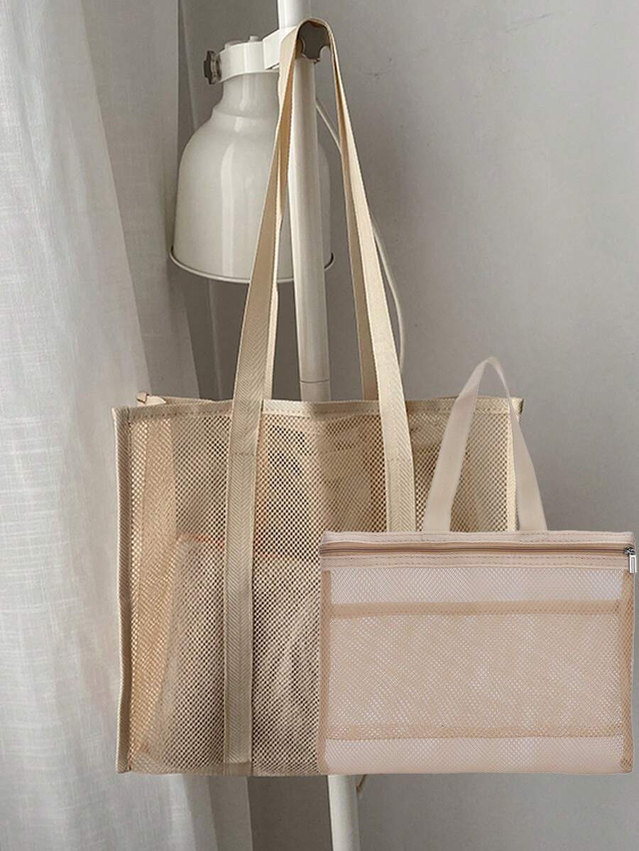 2 pezzi Borsa da spiaggia in stile boho fashion, in colore tinta unita, in materiale poliestere con grande capacità, design a rete su tutto il corpo, trasparente e visibile in tutto, con manici superiori a due mani. Adatta per viaggiare, campeggiare e contenere articoli. - Cachi - Visualizzare 1