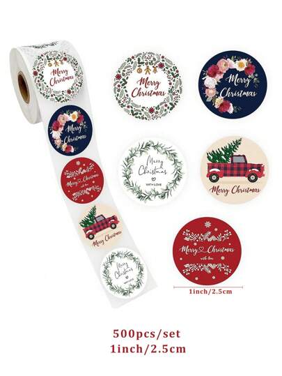 500 piezas/rollo Pegatinas adhesivas de copos de nieve navideños y saludos festivos en inglés, gracias, sellos decorativos para caja de regalo