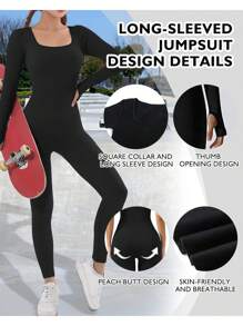 Women's One-Piece Yoga Bodysuit, Seamless Long-Sleeve Athletic Shaping Suit, High-Stretch Comfortable Breathable Yoga Jumpsuit - 黑色 - 查看 2