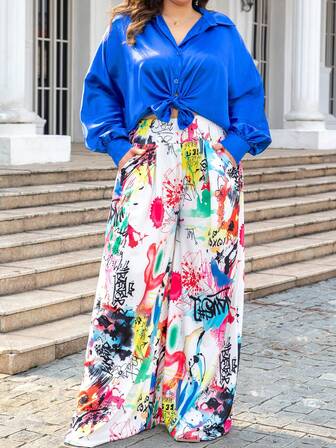 2pcs Set Women Plus Size Solid Loose Casual Shirt And Printed Straight Leg Pants Suit