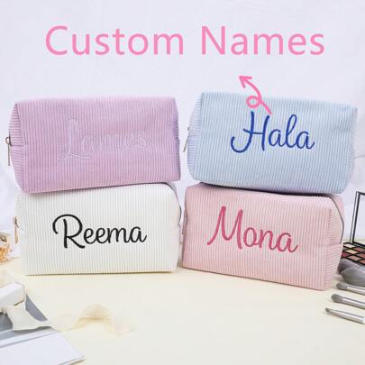 Embroidered Name Makeup Bag, Corduroy Makeup Pouch Custom, Sanitary Napkin Storage Bag, Travel Makeup Bag, Personalized Storage Bag, Gift For Her, Embroidered Corduroy Pouch, Custom Corduroy Cosmetic Bag, School Supplies, For Teenagers, Junior High School Students, Middle School Students, High School Senior High School Students, College Students, University Students, Freshman, Sophomore, Underclassmen,Customized Toiletry Bags,SummerHoliday