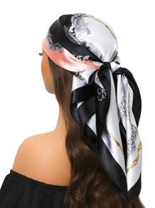 1 件 90*90 厘米时尚防晒围巾，穆斯林头巾，户外防风防沙披肩，男女通用空调房围巾，薄款，链条花卉印花，彩色蓝绿方形头巾 - A - 查看 10