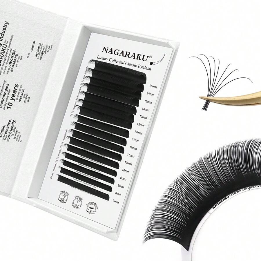 NAGARAKU 16 líneas NAGARAKU Extensiones de pestañas individuales de lujo coleccionadas, clásicas, de 3a generación, de 0.07 mm de grosor, mate negras, profesionales, suaves, naturales y exquisitas, en forma de racimos de pestañas, pestañas individuales, pestañas postizas