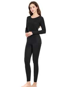 Conjunto de ropa interior térmica para mujer - Camiseta de cuello redondo + Pantalones, ajuste delgado de capa base para otoño e invierno