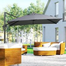 (Gris oscuro) Sombrilla de patio en voladizo de 8 pies, sombrilla offset cuadrada para exteriores con rotación de 360°, sombrilla colgante de aluminio inclinable en 3 posiciones, con manivela y base cruzada, jardín
