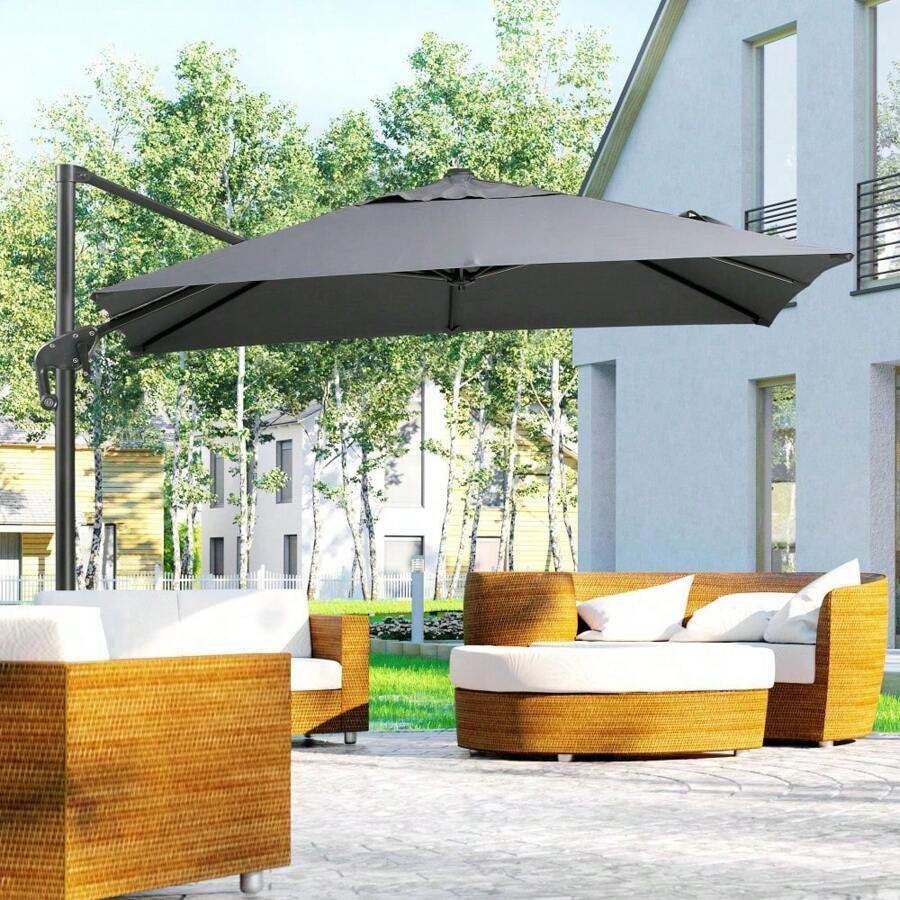 (Gris oscuro) Sombrilla de patio en voladizo de 8 pies, sombrilla offset cuadrada para exteriores con rotación de 360°, sombrilla colgante de aluminio inclinable en 3 posiciones, con manivela y base cruzada, jardín
