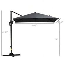 (Gris oscuro) Sombrilla de patio en voladizo de 8 pies, sombrilla offset cuadrada para exteriores con rotación de 360°, sombrilla colgante de aluminio inclinable en 3 posiciones, con manivela y base cruzada, jardín