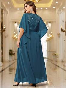 Elegant Butterfly Sleeve Sequin Lace Bodycon Formal Maxi Dress - Dusty Blue - View 2