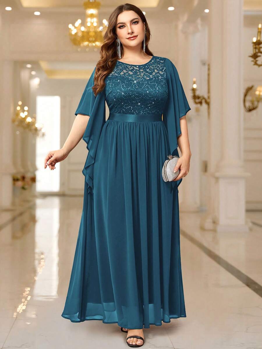 Elegant Butterfly Sleeve Sequin Lace Bodycon Formal Maxi Dress - Dusty Blue - View 1